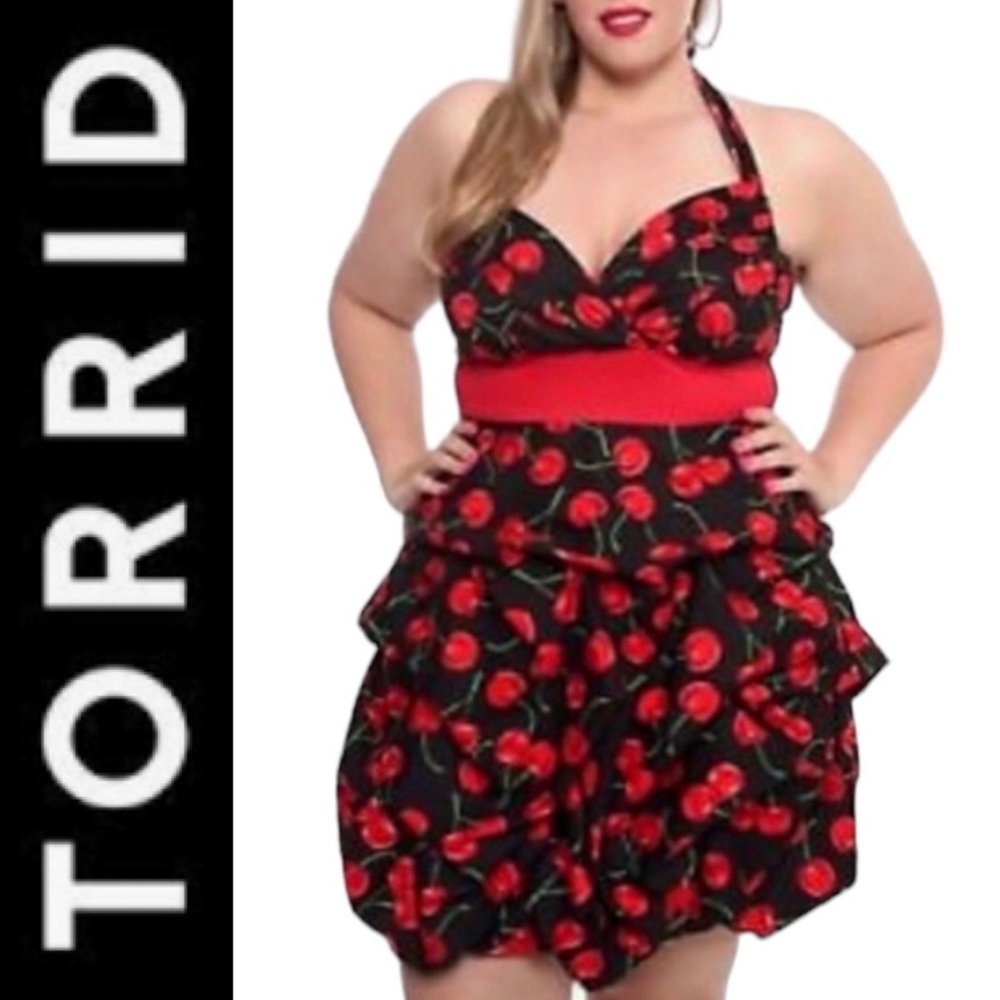 Torrid Black Red Cherry Print Backless Halter Dress. Sold Out Online. Size 18🍒